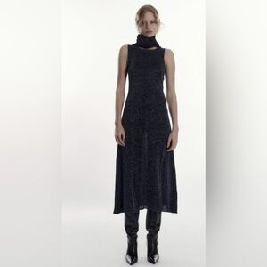 ZARA Long KNIT DRESS with METALLIC THREAD Shimmering MIDI MAXI Navy Blue